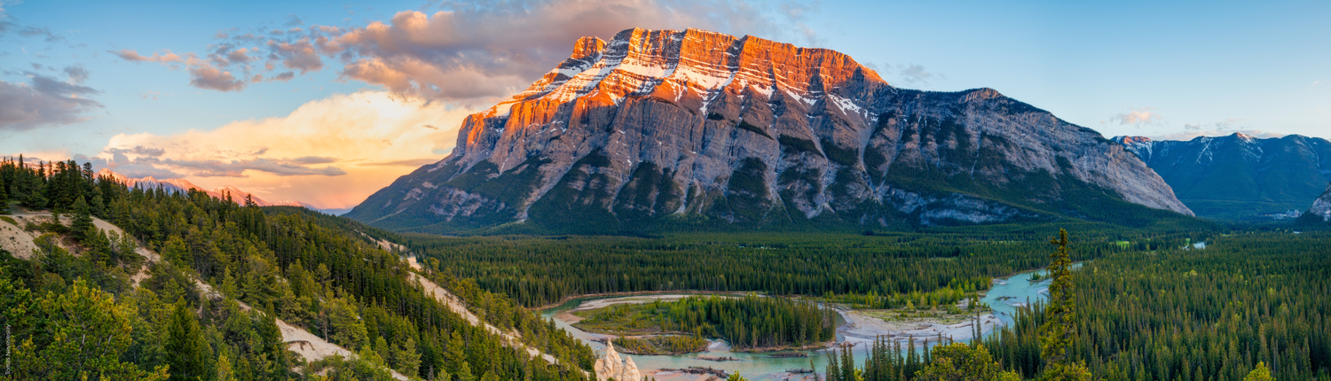 Mount Rundle and the Banff Hoodoos in late afternoon - Banff National Park, Alberta, Canada